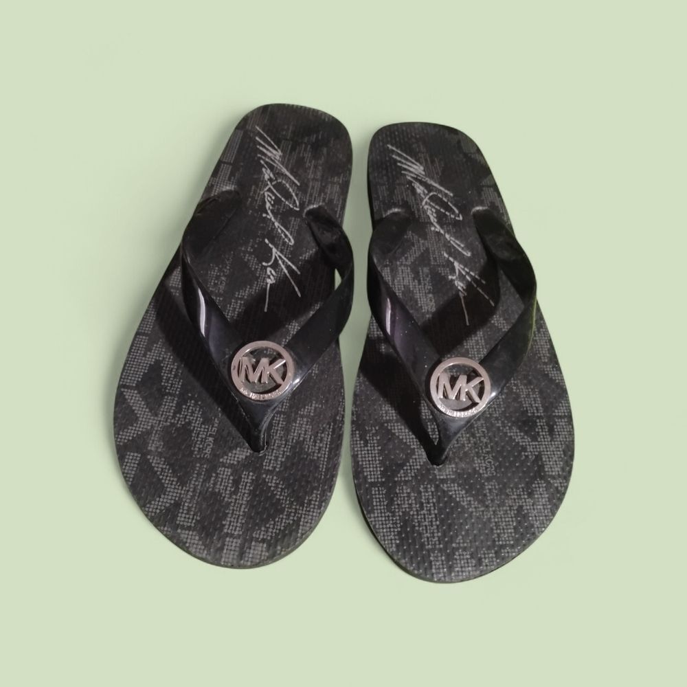 Michael Kors Black Thong Sandals with Silver MK Logo